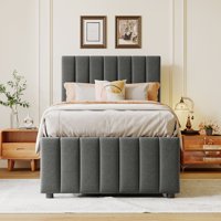 M&Ms - Twin Size Upholstered Platform Bed With Trundle And 3 Drawers, Linen Fabric, Gray