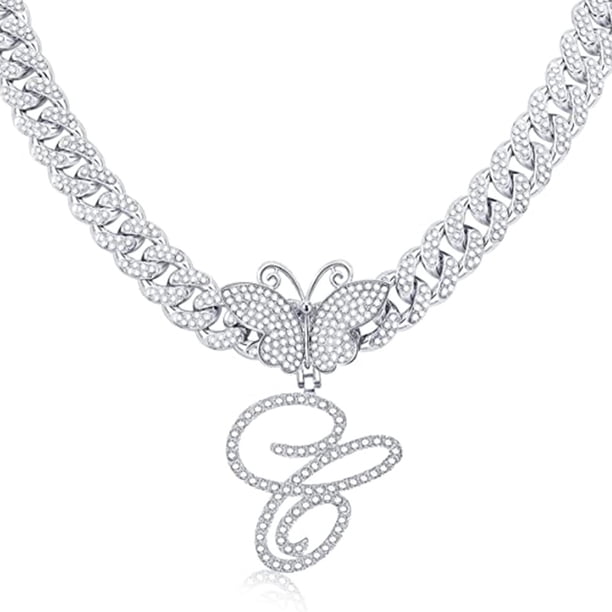 Stylish Hip Hop Cuban Butterfly Necklace with White Letter Initials
