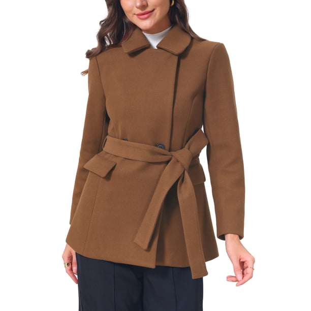 INSPIRE CHIC Abrigo Corto de Mujer para Invierno con Cuello Peter Pan, Doble Botonadura, Cinturón, Chaqueta Ajustada para Trabajo, Talla S, Marrón