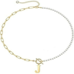 Collar Heshpaws Gold Initial Pearl 14K Gold Plated Paperclip Link Chain A-Z