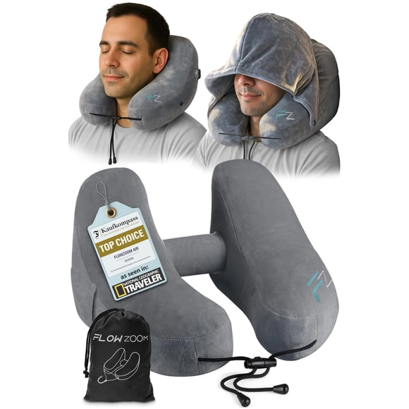 Almohada Inflable Para Cuello Air Para Viaje Con Capucha Gris