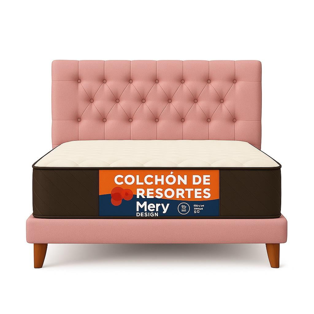 Ethan Desing - Cama Plaza Y Media Rosado Capitoné + Colchon Mery Desing
