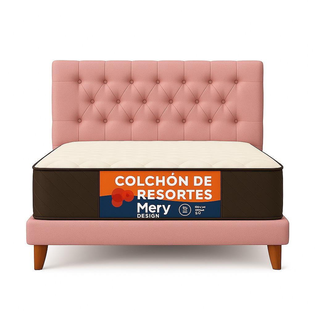 Ethan Desing - Cama Plaza Y Media Rosado Capitoné + Colchon Mery Desing