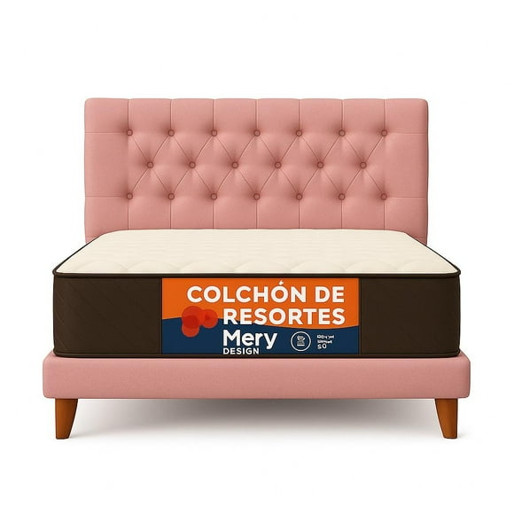 Cama 1 Plaza Palo Rosa Capitone + Colchon Mery Desing
