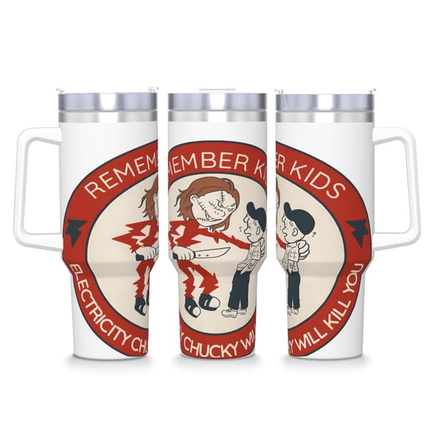 Recuerda Niños: La Electricidad Te Matará Vaso aislado de acero inoxidable con asa, diseño temático, regalo para familia, amigos y fans; incluye pajita y encaja en el portavasos estándar, 40 oz