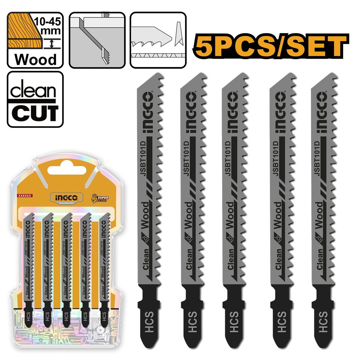 Set 5 Hojas Para Sierra Caladora Madera 74 Mm Hcs 6tpi Ingco