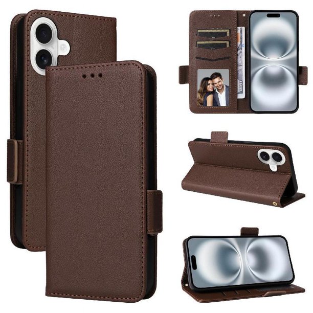 Funda Cartera para iPhone 16 Tapa Flip con Ranuras y Soporte Marrón