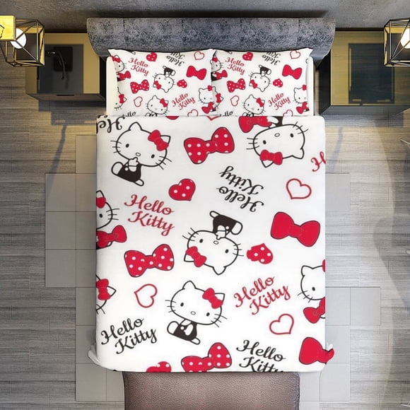 Hello Kitty Red Bow 3 Pieces Duvet Cover Set Full Size Super Soft Fade Resistant Microfiber