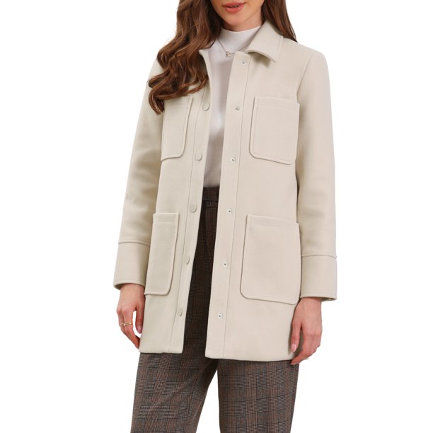INSPIRE CHIC Abrigo corto de trabajo para mujer con cuello vuelto, abotonado y manga larga, ideal para el invierno con bolsillos S Beige