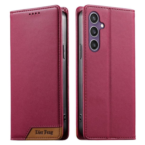 Funda Tipo Cartera de Cuero Sintético para Samsung Galaxy S24 Bloqueo RFID, con Ranuras para Tarjetas y Bolsillo para Efectivo, Cierre Magnético Fuerte Rojo