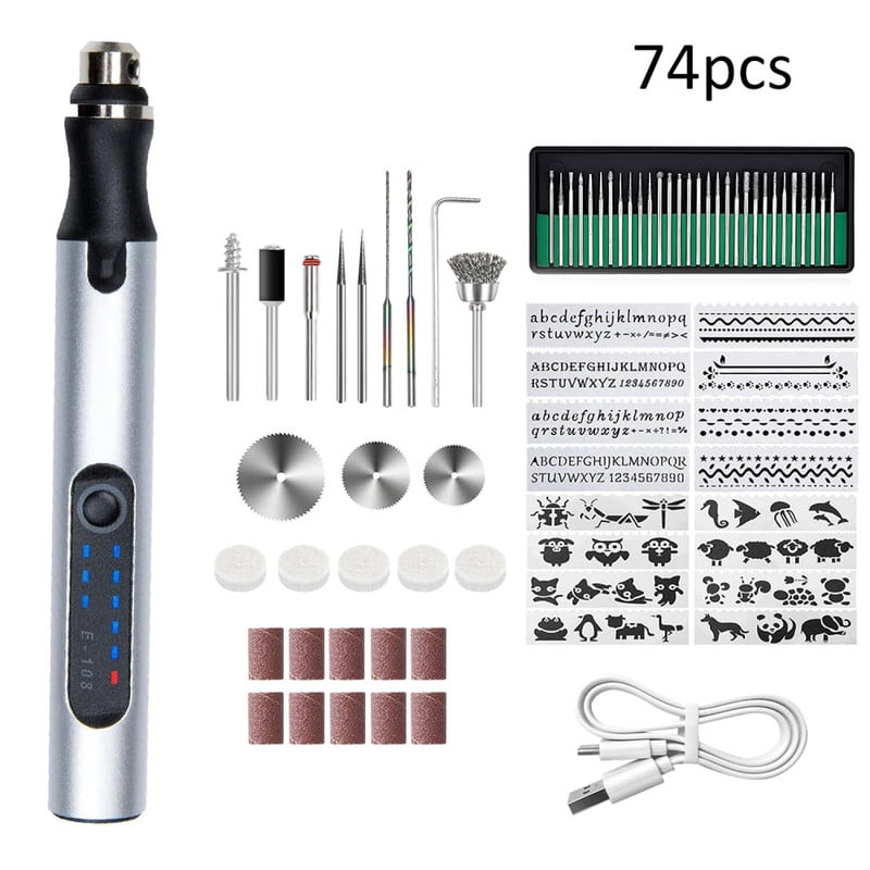 Jenabom - Juego De Bolígrafo Para Tallar En Miniatura De Mano, Que Incluye 74 Accesorios, Herramienta Giratoria Inalámbrica Multifuncional Recargable Por Usb, Adecuada Para Tallar Joyas, Vidrio Y Madera.