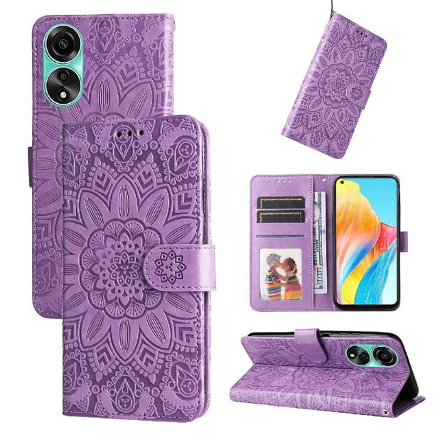 Funda tipo cartera FOXDOCK para OPPO A78 4G , diseño girasol en relieve, cuero PU, cierre magnético, soporte y tarjetero