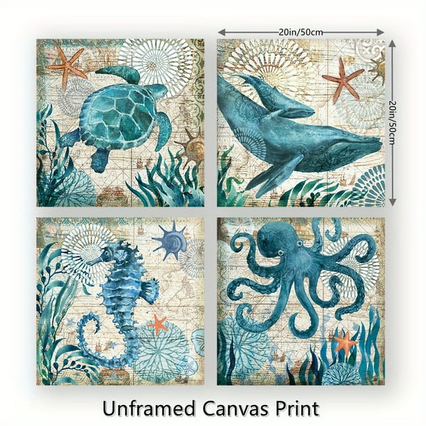 4pcs Frameless Beach Bathroom Decor Wall Art Ocean Decor Sea Turtle Wall Art Nautical Bathroom Pictures Coastal Octopus Canvas Painting Teal Bathroom Accessories Bedroom Kitchen Art Home Decorations N