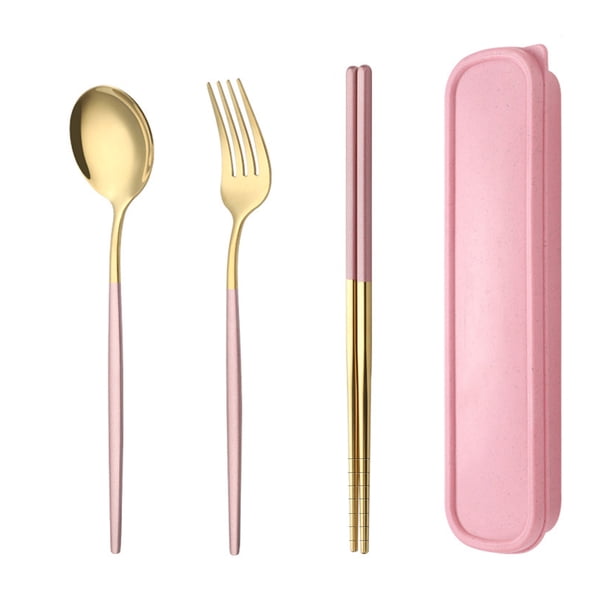 Juego de cubiertos portátiles de 3 piezas, palillos, tenedor y cuchara con estuche de viaje