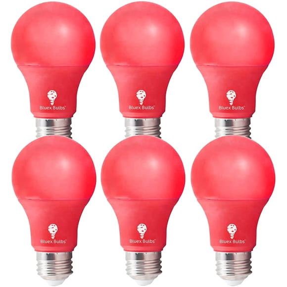 Paquete de 6 bombillas LED Bluex A19 rojas de 9 W (equivalente a 60 W) con base E26
