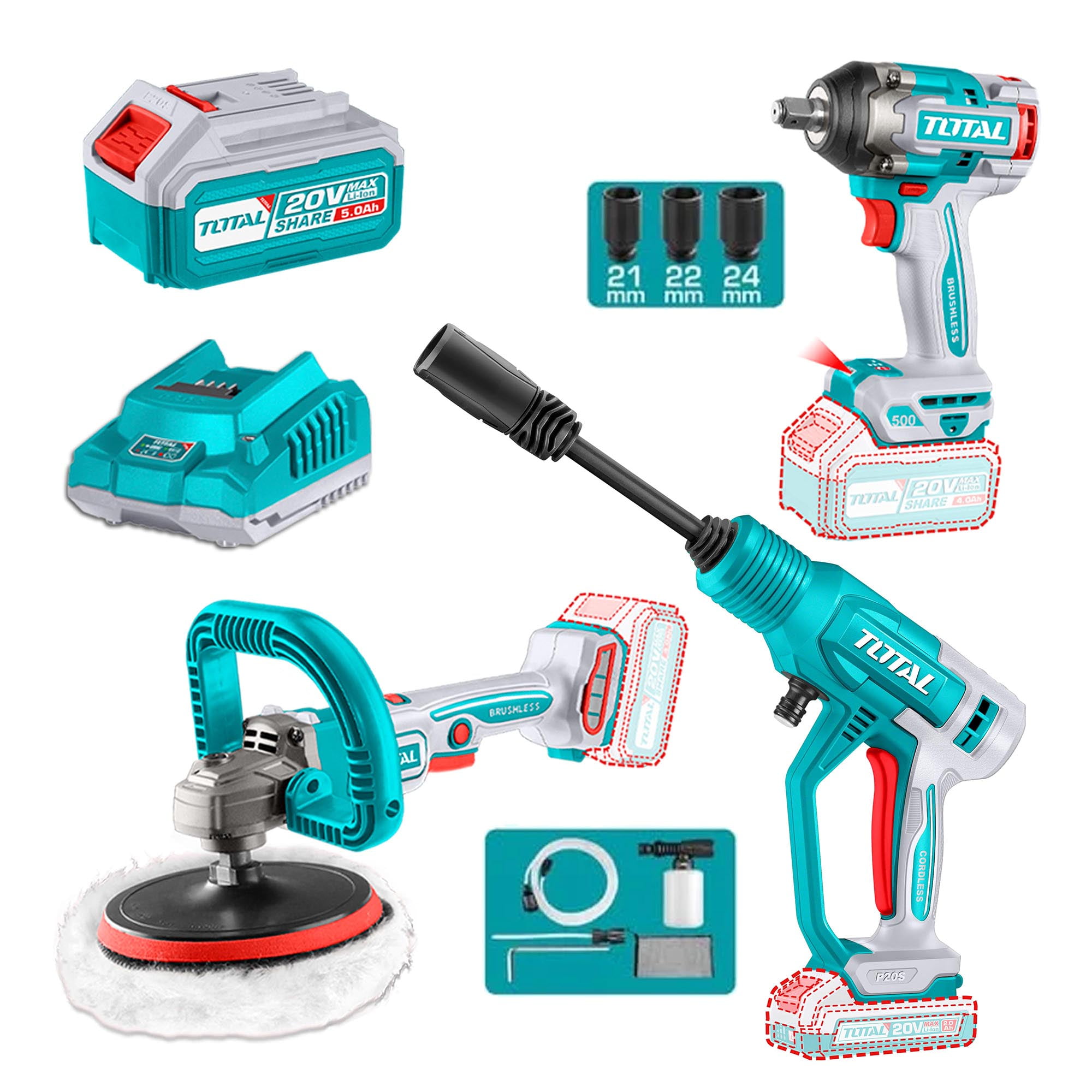 Kit 20v Inalámbrica Pistola Impacto ,hidrolavadora Y Pulidora, 2 Baterías Y Cargador Total