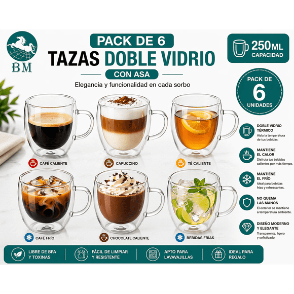 Pack 6 Tazas Doble Vidrio con Asa 250ml | Térmicas Café Frío y Caliente