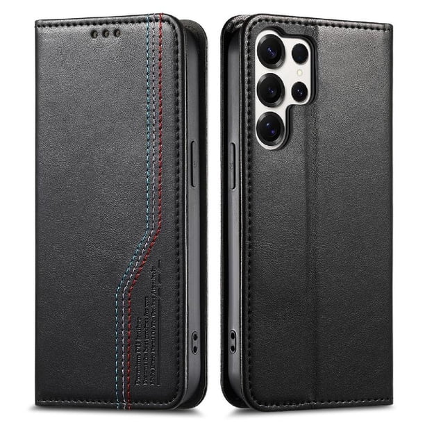 Funda tipo cartera para Samsung Galaxy S25 Ultra de piel con cierre magnético, ranuras para tarjetas y correa para la muñeca Negro