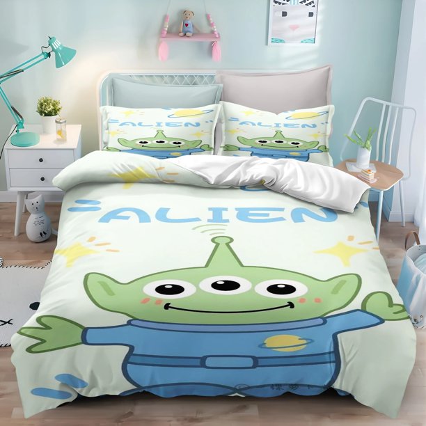 Cartoon Toy Story Alien Duvet Cover Pillowcase Large Bedding Set for Kids Teen Boys, Home Bedroom Decoration, 2/3pcs Bed Sheets