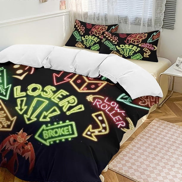 Juego de cama individual de 3 piezas de Hazbin Hotel - Incluye edredón y fundas de almohada individuales - Microfibra resistente a la decoloración - Hazbin Hotel Lc