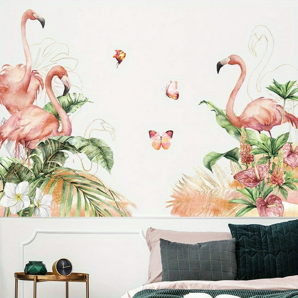 1pc, Flamingos Wall Decals Peel And Stick Tropical Plant Animal Green Leaves Stickers Art Mural Decor For Home Dorm Office Party Nursery