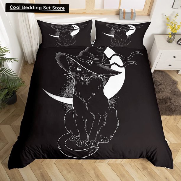 Halloween Gothic Black Cat Duvet Cover Glitter Moon Bedding Set Horror Spooky Quilt Cover Polyester Comforter Cover Bed Sheets