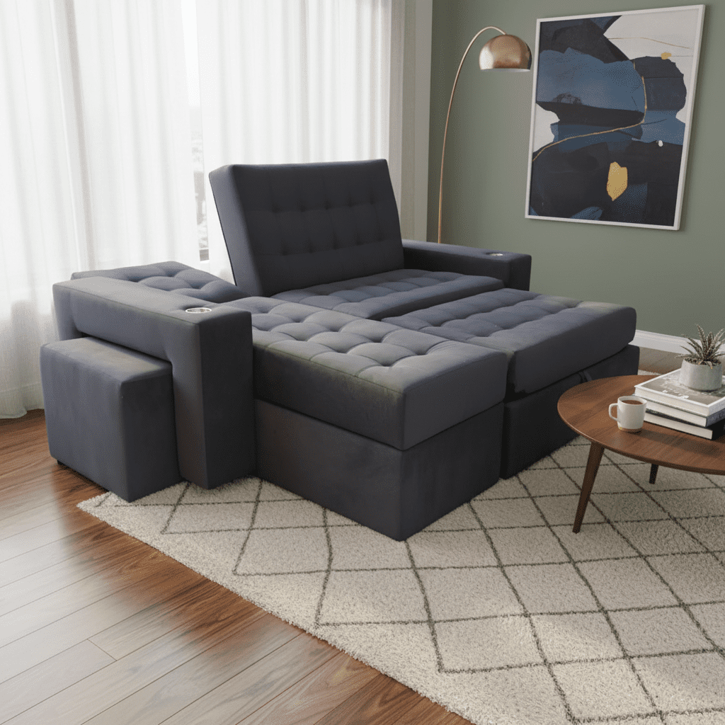 Camila Home - Sofá Cama L Negro Felpa 3 Plazas 200 Cm Con Baúl Y Puffs