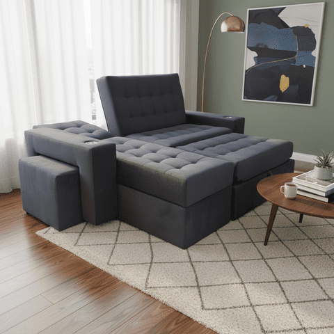Camila Home - Sofá Cama L Negro Felpa 3 Plazas 200 Cm Con Baúl Y Puffs