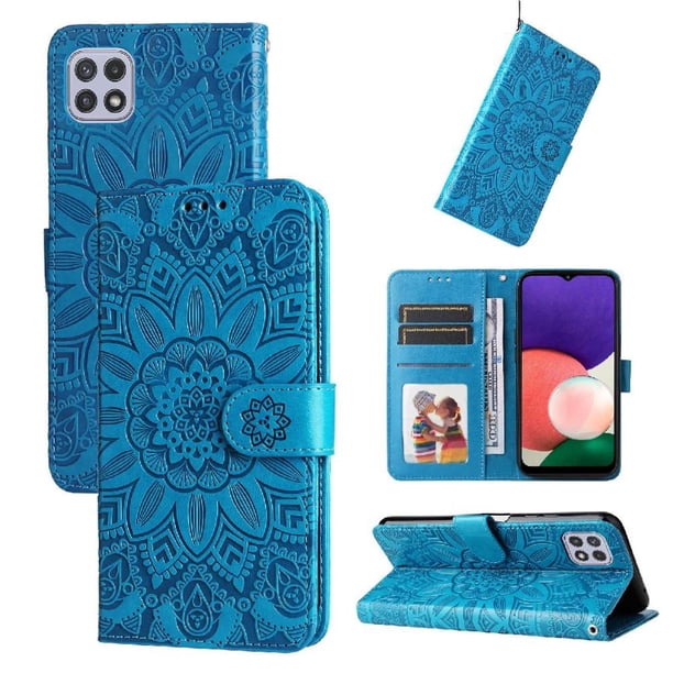 Funda tipo cartera FOXDOCK para Samsung Galaxy A22 5G , diseño girasol en relieve, cuero PU, cierre magnético, soporte y tarjetero