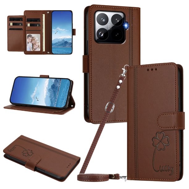 Funda Cartera Trébol para Xiaomi 15T Pro con Ranuras Tarjetas y Carga Inalámbrica Marrón