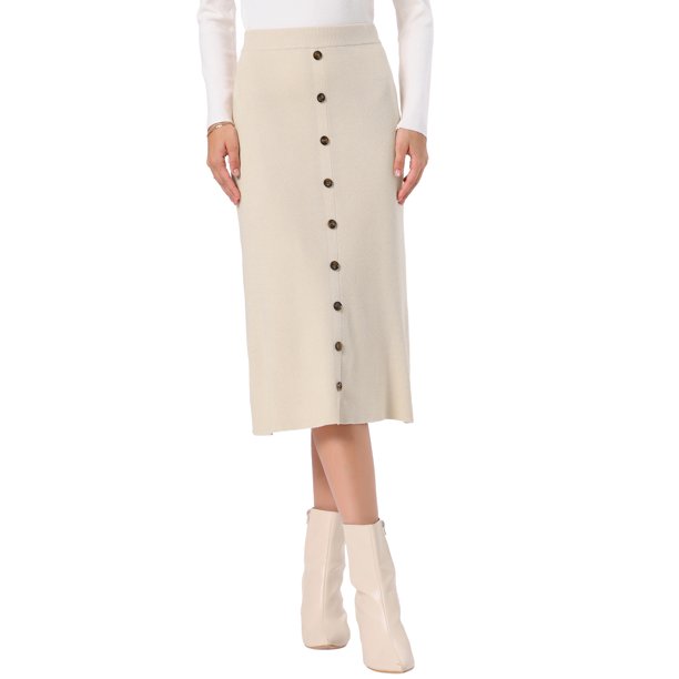 Falda Midi de Punto INSPIRE CHIC para Mujer con Cintura Elástica, Línea A, Decoración de Botones, Falda Acanalada Casual XL Albaricoque