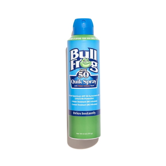 Protector solar en aerosol Bullfrog Quik SPF 50 | Sin oxibenzona ni octinoxato | Hidratante de amplio espectro contra los rayos UVA/UVB, 6 oz