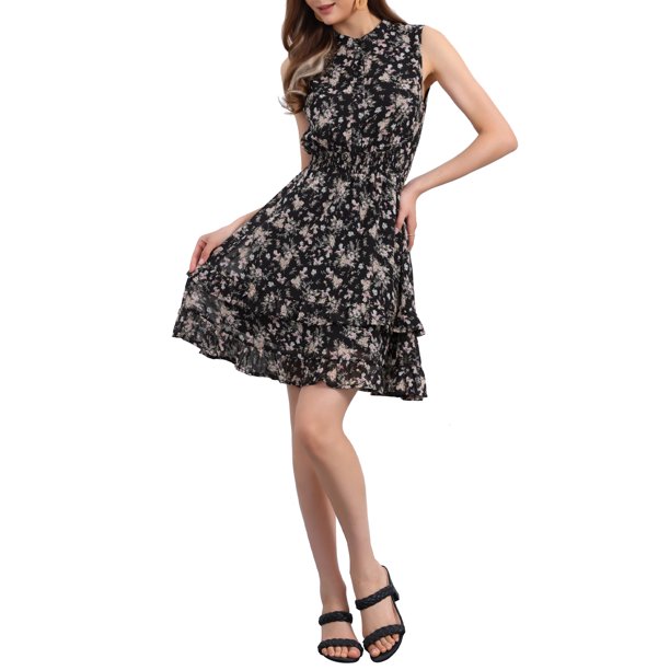 INSPIRE CHIC Vestidos de Chifón para Mujer Vestido Mini de Línea A sin Mangas con Flores Chic Fruncido M Negro-Floral