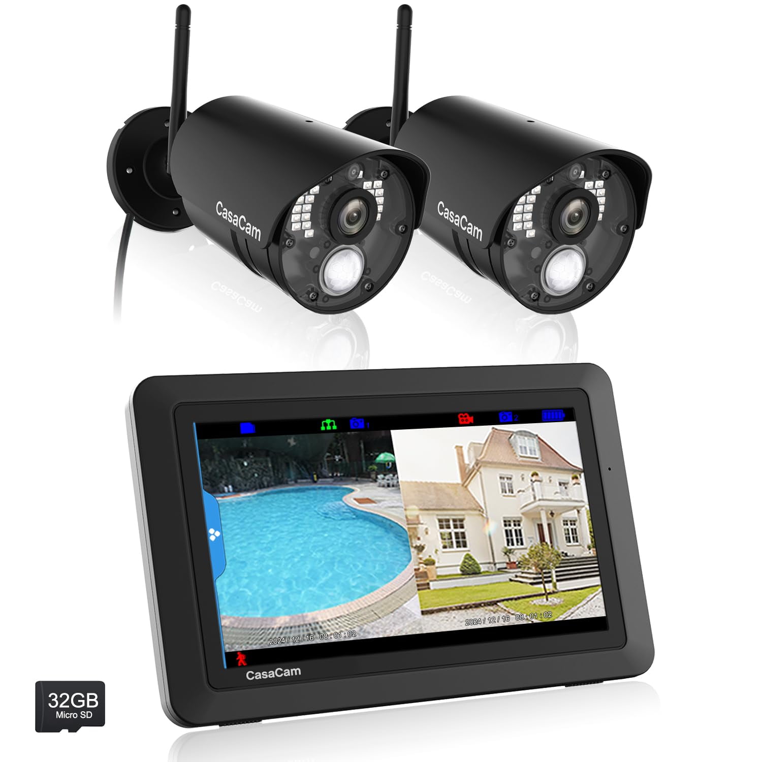 Sistema De Cámara De Seguridad Inalámbrica Casacam Vs802 Con Monitor De 7 Pulgadas