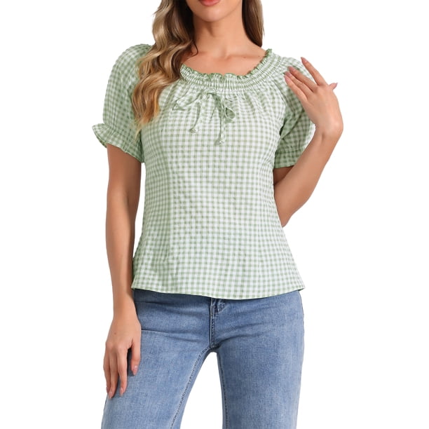 INSPIRA CHIC Blusa a Cuadros de Vuelta al Colegio para Mujer con Cuello Redondo, Volantes y Mangas Abullonadas M Verde