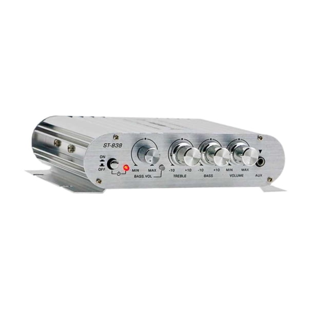 Mini amplificador de potencia de 12 V, 80 W x 2, universal, resistente, mini amplificador de sonido de 2,1 canales para ordenador, coche, TV, teléfono Plata