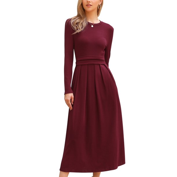 INSPIRE CHIC Vestido Maxi de Punto Acanalado para Mujer con Frente Plisado de Cintura Alta y Manga Larga en Línea A L Burdeos