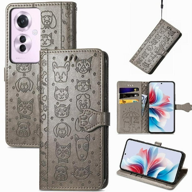 Funda Cartera FOXDOCK para OPPO Reno 11F 5G , Flip PU con Relieve de Gatos y Perros, Tarjetero y Soporte