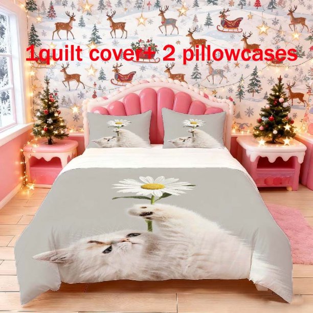 3pcs White Cat Holding Daisy Theme Printed Bedding Set | Duvet Cover and 2 Pillowcases All Season