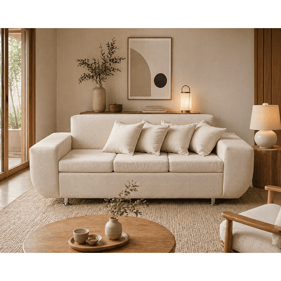 Sofá 3 Cuerpos Napoleón Tela Beige Living Moderno