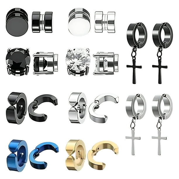 10 pares de pendientes magnéticos de acero inoxidable con circonitas, sin perforaciones, para hombre. Material duradero.