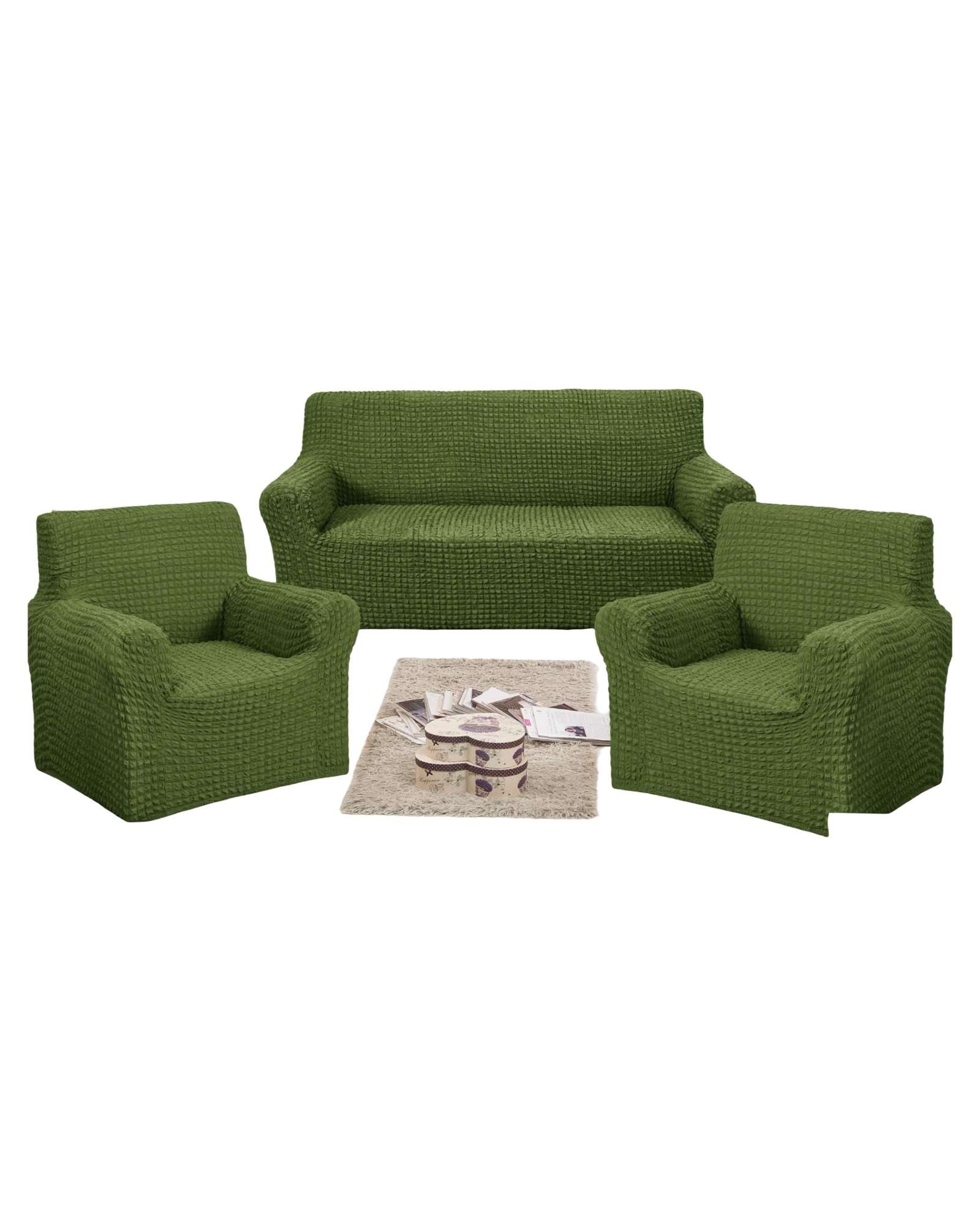 Genérico - Set De Fundas De Sofa 3+1+1 - Diseño Cuadrille Verde Oliva