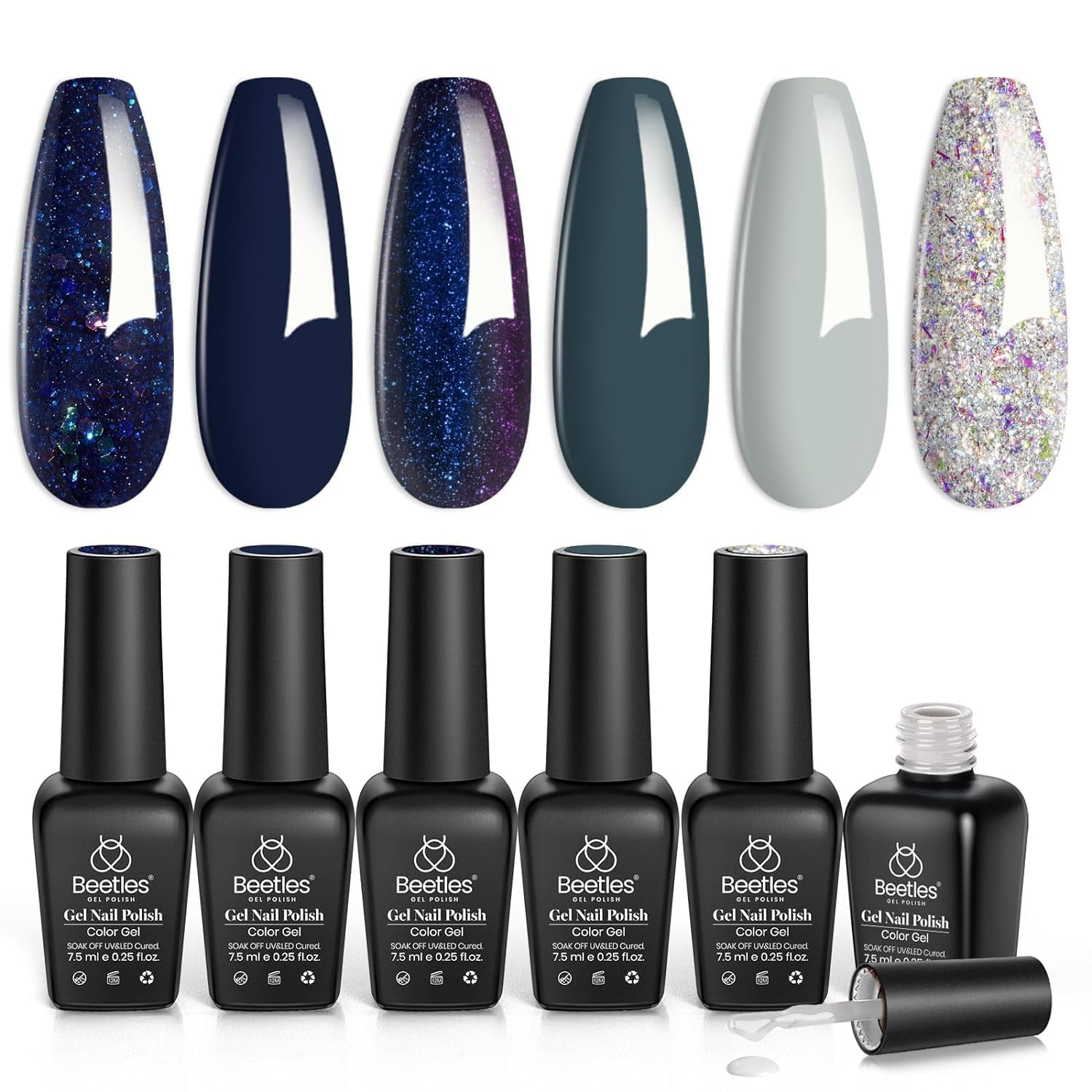 Beetles Gel Polish - Set De Esmaltes En Gel Beetles Blue, 6 Colores Con Purpurina