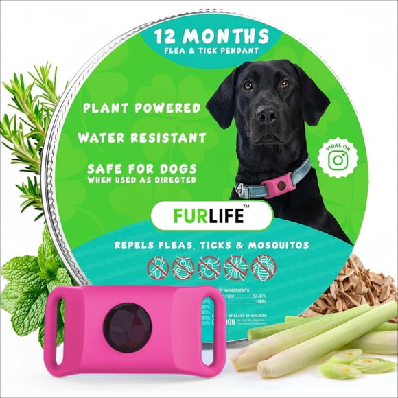 Etiqueta antipulgas y garrapatas FurLife para perros, color rosa, impermeable
