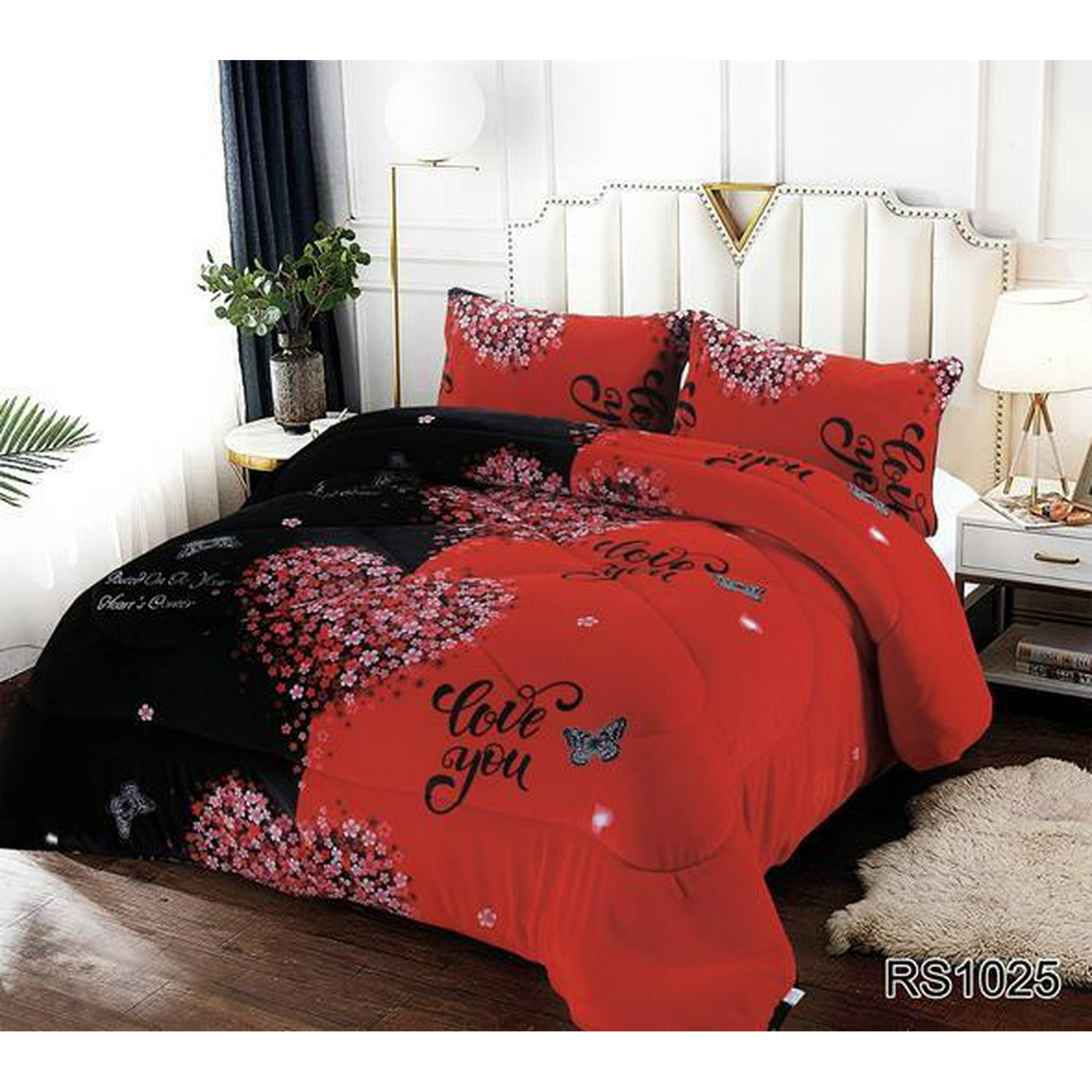 Aladdins Shop - Cobertor De Invierno De Plush Y Chiporro 2 Plazas Rojo Y Negro Love