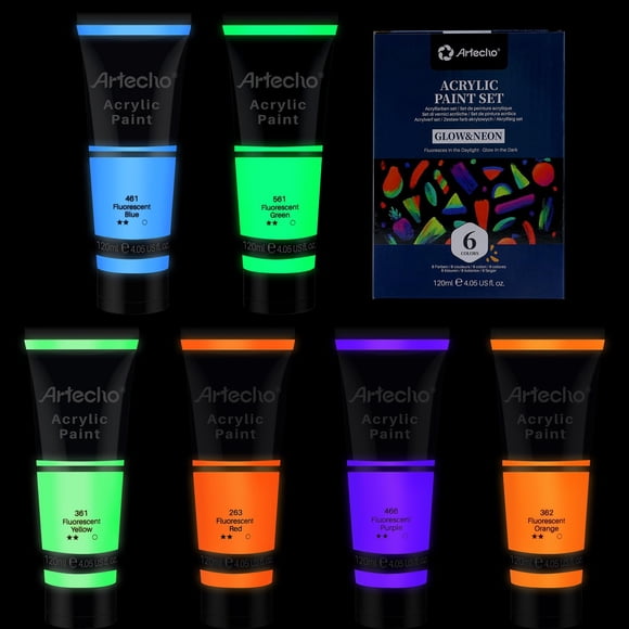 Artecho Pintura acrílica fluorescente que brilla en la oscuridad, 6 colores, 120 ml