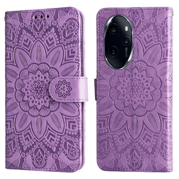 Funda tipo cartera FOXDOCK para Honor 100 Pro , diseño girasol en relieve, cuero PU, cierre magnético, soporte y tarjetero