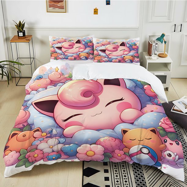 Pokemon Jigglypuff Print Pink Bedding Set 3PC 1 Duvet Cover 2 Pillowcases Adult and Kids Bedding Set Luxury Bed Comforter Set Bed Sheets