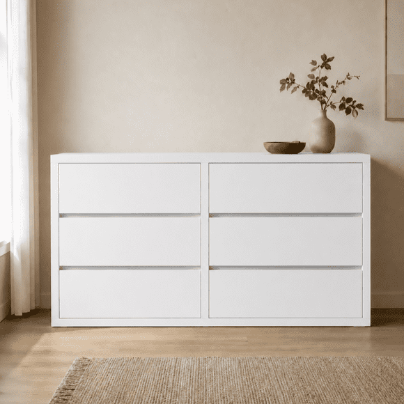 Cómoda "Arauco" 6 Cajones Mueble de Pino Natural Minimalista - Blanco - 150x40x90 cm