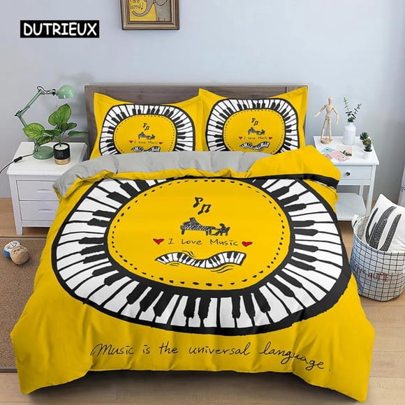 x2365 Bed SheetsPiano Duvet Cover Set Polyester Rotating Musical Notes Bedding Set For Girls Retro Music Theme Black And White Stave Quilt Cover 3-Piece Bedding Set (1 Duvet Cover + 2 Pillow Shams) nj